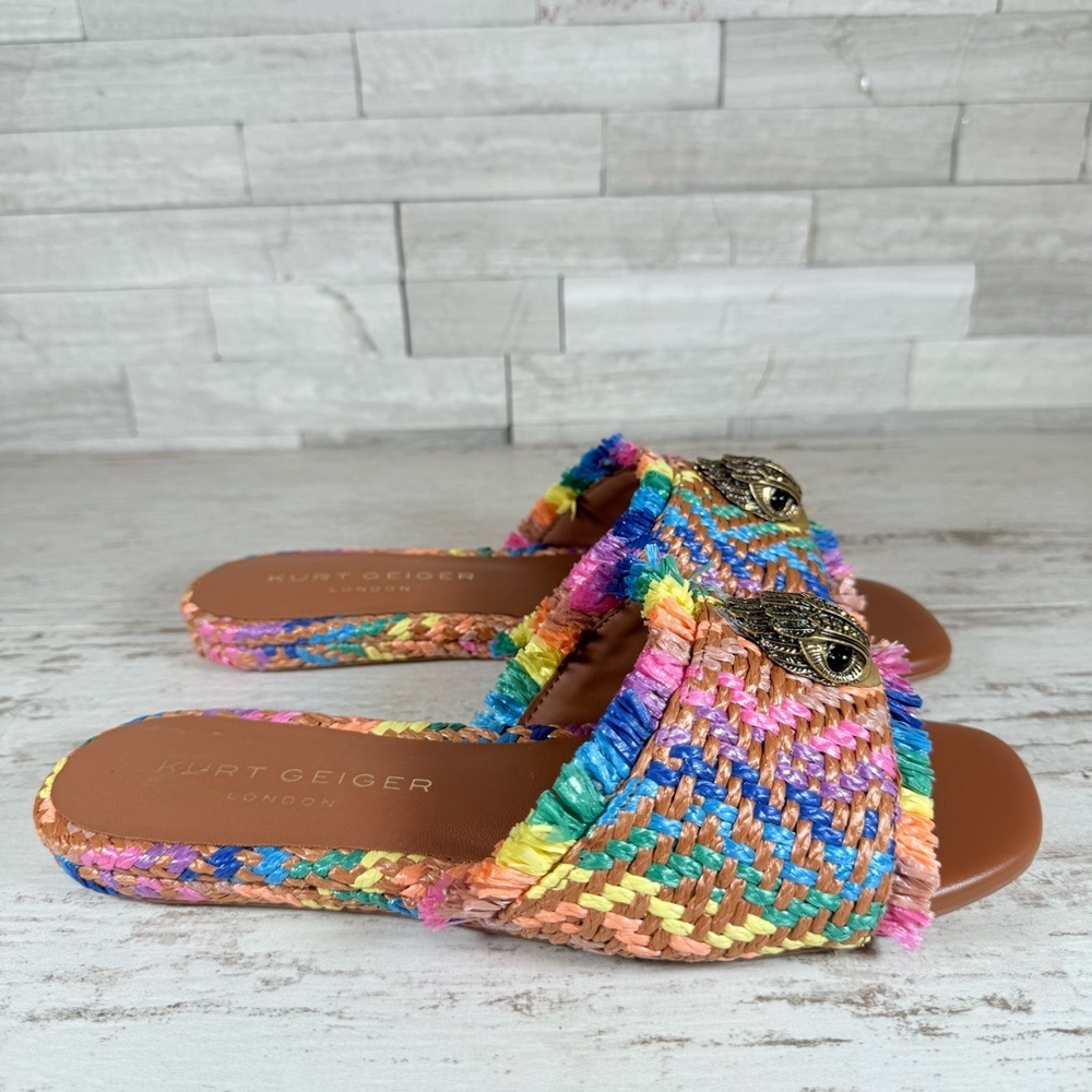 Kurt Geiger Kensington Eagle Casual Flat Raffia Slide Sandals EU 37 New Rainbow - Picture 2 of 16